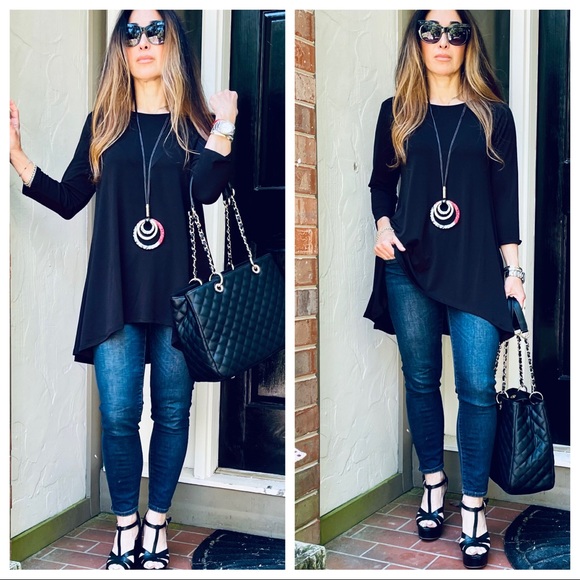 Fall stylish Black high low 3/4  sleeve tunic top - Picture 3 of 8